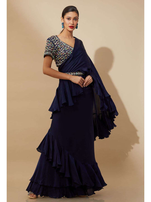 Buy Dark Blue Glitter Printed Insta Saree Dress Online - Shop for W